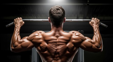 Strength in Silhouette: A muscular man, viewed from the back, grips a pull-up bar, highlighting the raw power and dedication behind fitness