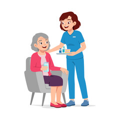 Fototapeta premium Happy Asian Nurse Cares for Smiling Elderly Patient Offering Medicine and Water Illustration