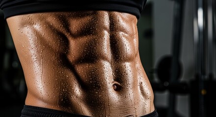 Sculpted Physique: A close-up shot highlighting a toned physique with defined abdominal muscles, radiating with the glow of fitness
