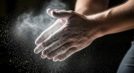 Powdered Hands: A climber's hands coated in chalk prepare for a challenging ascent, dust and grit emphasizing the focus on the task