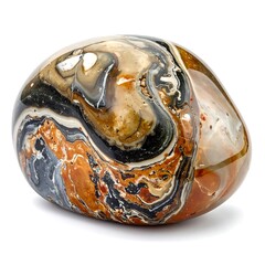 Smooth, tumbled stone exhibiting intricate layers of brown, gray, black, & white patterns, shining on a white background