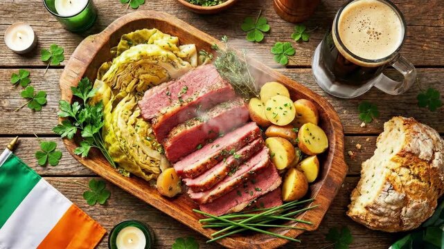 Platter of traditional St. Patricks Day corned beef, cabbage, and potatoes with soda bread and beer, celebration food.