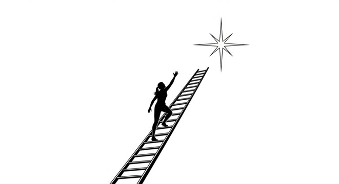 A person climbs a ladder reaching for a star in a simple black and white illustration