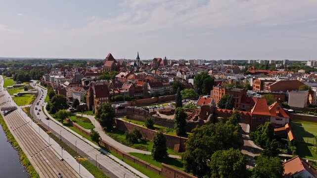 Beautiful summer aerial showing Polish medieval town along Vistula River