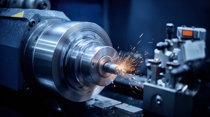 Naklejka premium Close-up of Precision Machining Process with Metal Workpiece Creating Sparks and Shimmering Reflection in Modern Industrial Setup at Workshop