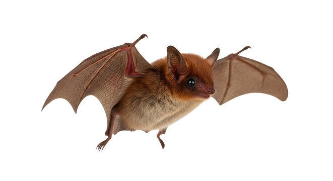 Isolated brown bat with wings spread preparing to fly studio shot nocturnal animal