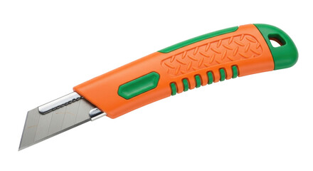 Isolated box cutter with retractable blade ready for cutting, utility knife on seamless surface