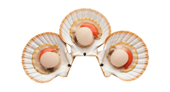 Isolated Three fresh raw scallops in shells, uncooked seafood, prepared to be cooked