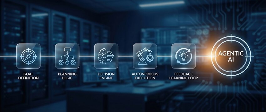 Agentic AI goal definition planning logic decision engine autonomous execution feedback learning loop artificial intelligence workflow illustrating advanced automation system.