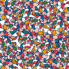 Colorful Floral Seamless Pattern. Vector Flowers Ornament Design. Cute Simple Floral Wallpaper Template. Abstract Line Art Flower Texture. Repeated Floral Trendy Design for Fabric, Prints, Wallpapers