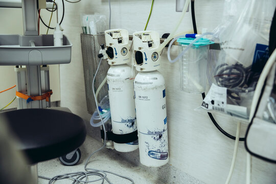 Oxygen tanks in trauma room of a hospital