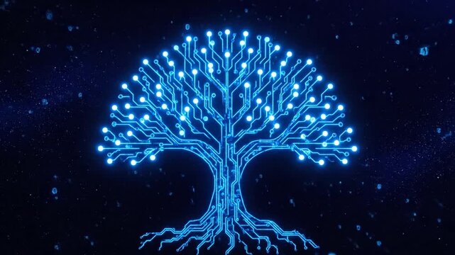 Abstract digital tree illustration on dark blue background