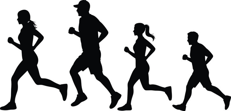 Running people silhouette fitness jogging marathon exercise sport active lifestyle isolated black illustration