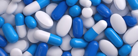 A vibrant ocean of white and blue tablets and capsules showcases varied pharmaceutical drug forms.