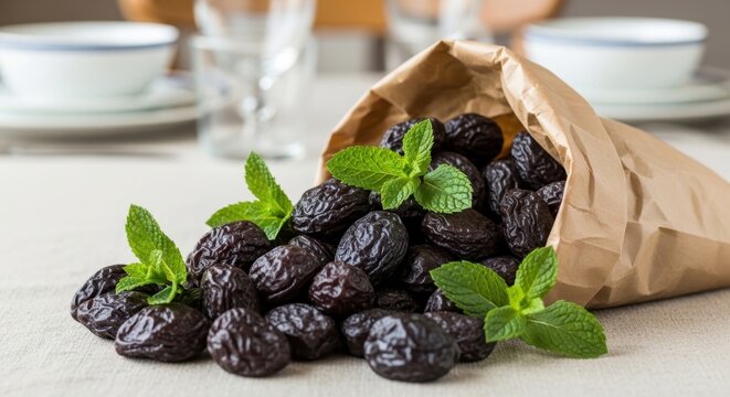 A paper bag overflowing with dark, dried prunes and fresh mint leaves, spilling onto a textured surface.