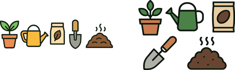 Obraz premium Illustrative representation of essential gardening tools and supplies, including a plant in a pot, watering can, soil, and a trowel for planting.