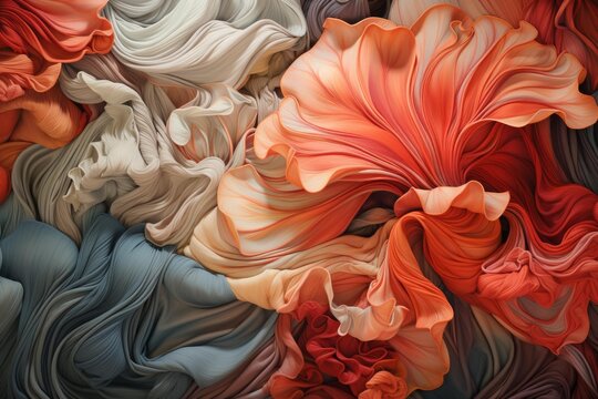 Flowing fabric forms organic floral and abstract shapes with vibrant warm and cool colors