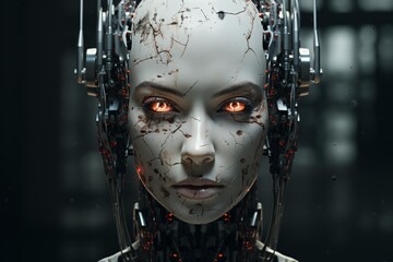 Damaged female android face with cracked skin and glowing orange eyes on a dark background