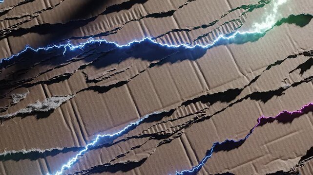 Cracked cardboard surface with glowing electric arcs, abstract energy and power outage mood, sci fi texture for technology promos and Halloween design