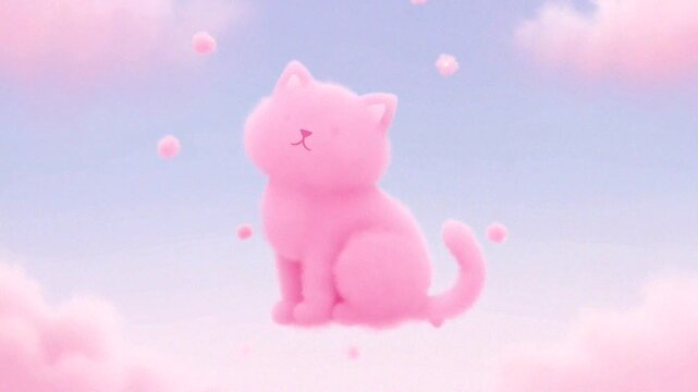 A fluffy pink cat floats in a dreamy sky, creating a whimsical and cheerful atmosphere.