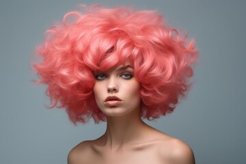 Fototapeta premium Woman posing with vibrant pink hair styling a fashionable salon haircut
