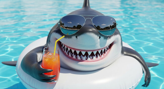 Creative Summer Vacation Concept: Cool Shark Wearing Sunglasses Drinking Cocktail in Swimming Pool 3D Rendering