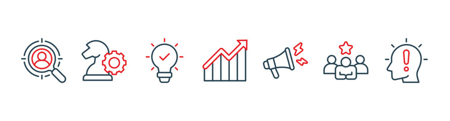 Brand banner web icon vector illustration concept with icons of target market, strategy, innovation, marketing, advertising, customers, and awareness