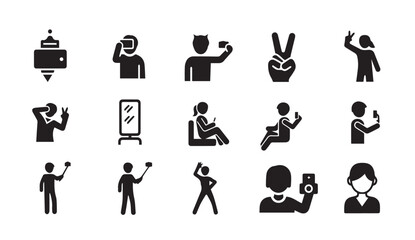 People taking selfies and interacting with technology in various poses