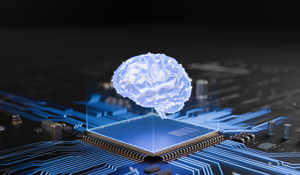 Digital Brain: Conceptual image, showcasing a translucent brain hovering above a detailed computer chip, symbolizing the intersection of technology and human intellect, ideas and future.