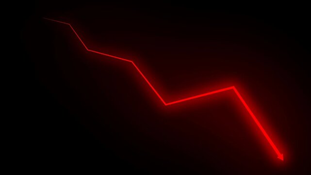 Negative trend shows by red arrow graph moving downward, financial decline animation on alpha channel background, perfect for economic crisis, stock market, or business themes