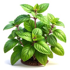 Vibrant green leafy plant with detailed veins and red stems, set against a plain white backdrop