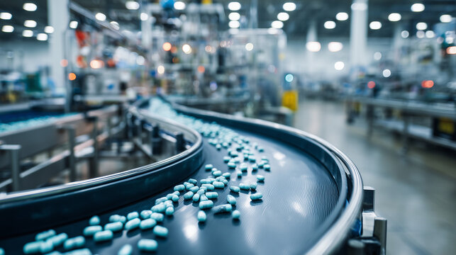 Pharmaceutical factory with tablet conveyor belt in sterile medical facility, healthcare production line and biotech industry concept for medical supply chain and quality control