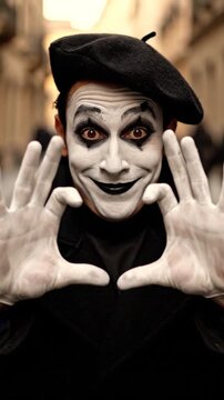 Male mime artist in black beret and makeup portrait