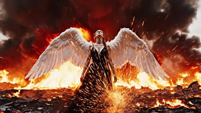 A powerful and ethereal figure with expansive white feathered wings stands dramatically against a backdrop of towering flames and billowing dark smoke. The intense red and orange hues of the fire illu