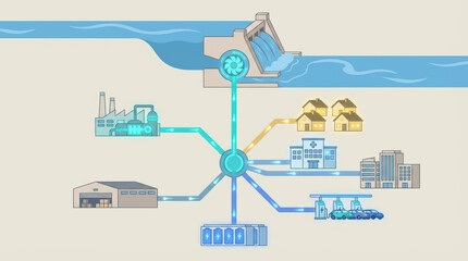 Hydropower plant supplying clean electricity to factory, homes, hospital, warehouse, charging station and storage with connected distribution