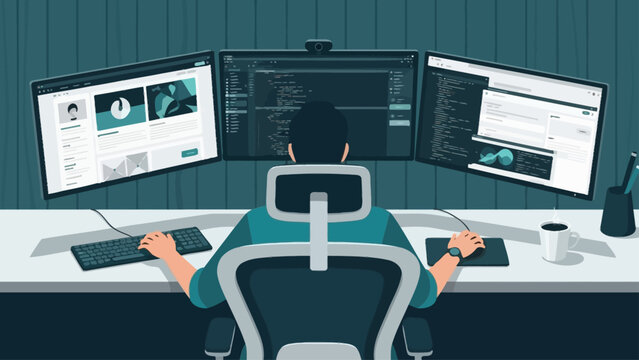 Developer working on multi-monitor setup, coding and programming.