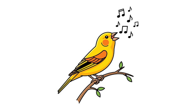 A happy yellow canary bird sings on a branch with music notes