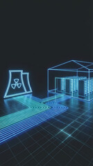 Neon nuclear power plant connection to data center glowing circuitry futuristic energy transfer, atmospheric blue light, sleek technological scene