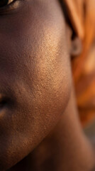 Fototapeta premium Woman shows soft complexion with headwrap, illuminated by sunset light. Close-up setting, highlighting skin texture and cultural expression. Concept of beauty, fashion, and diversity