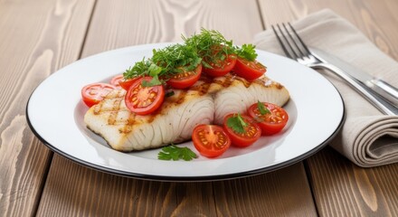 Perfectly grilled fish fillet served with fresh cherry tomatoes and vibrant herb garnish on a white plate