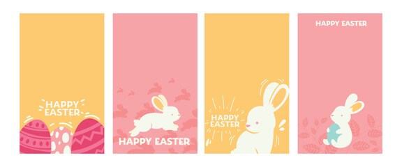 Happy Easter Greeting Cards with Cute Bunny and Eggs Pastel Spring Background Set © dadan_pm