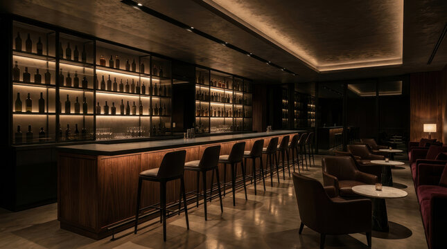 Luxury dimly lit hotel bar with leather stools, wooden counter and backlit bottle shelves creating cozy elegant mood