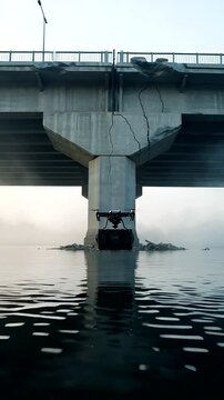 A drone captures stunning views beneath a misty bridge over calm waters, showcasing modern technology and serene landsca