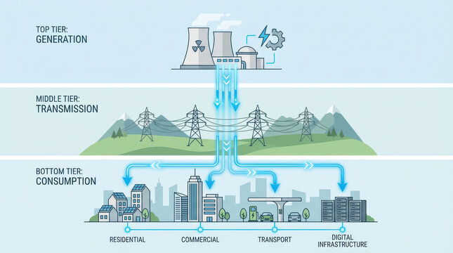 Layered energy system infographic showing generation, transmission and consumption with residential, commercial, transport and digital