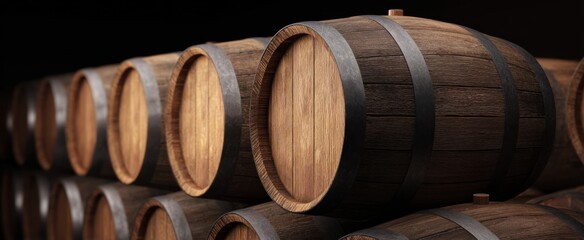 Wooden barrels piled like treasure chests in a cozy rustic wine cellar for aging wine