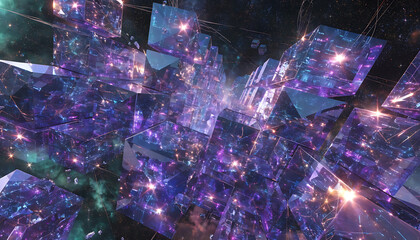 Futuristic digital cityscape with glowing neon lights and data particles in vibrant purple and blue hues