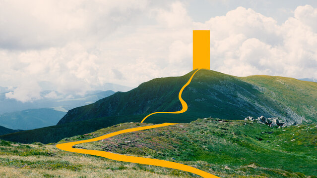 Dynamic composition. Yellow winding path leading to vertical portal on mountain ridge with copy space. Concept of goal achievement strategy, business roadmap planning and breakthrough opportunity.