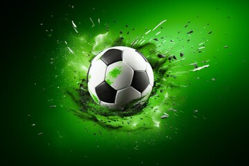 Naklejka premium Football impacting with dynamic green light and debris creating an energetic sports concept