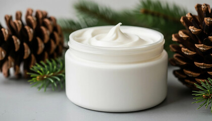 Body butter beside pinecones symbolizing natural winter skincare
