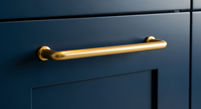 Elegant golden handle on dark blue cabinet door, a sleek accent in modern interior design